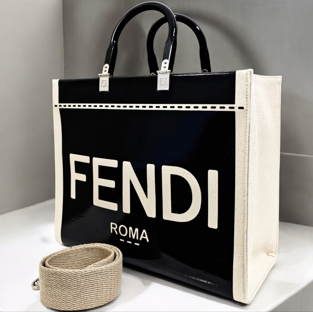 Fendi Medium Sunshine Shopper Black Patent Leather Canvas Trim Tote Shoulder Bag - Picture 6 of 14